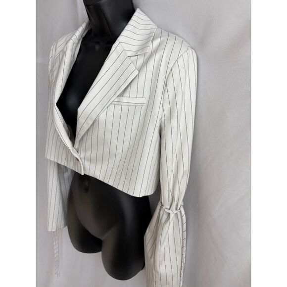 Forever 21 Off White Pinstripe Blazer Crop Size S Classy Professional Y2K Cute - Picture 4 of 10